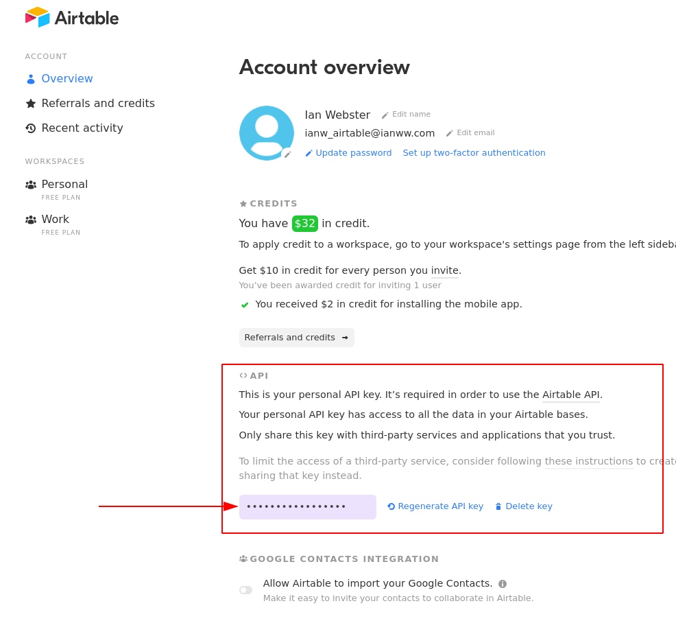 Create an Airtable API key