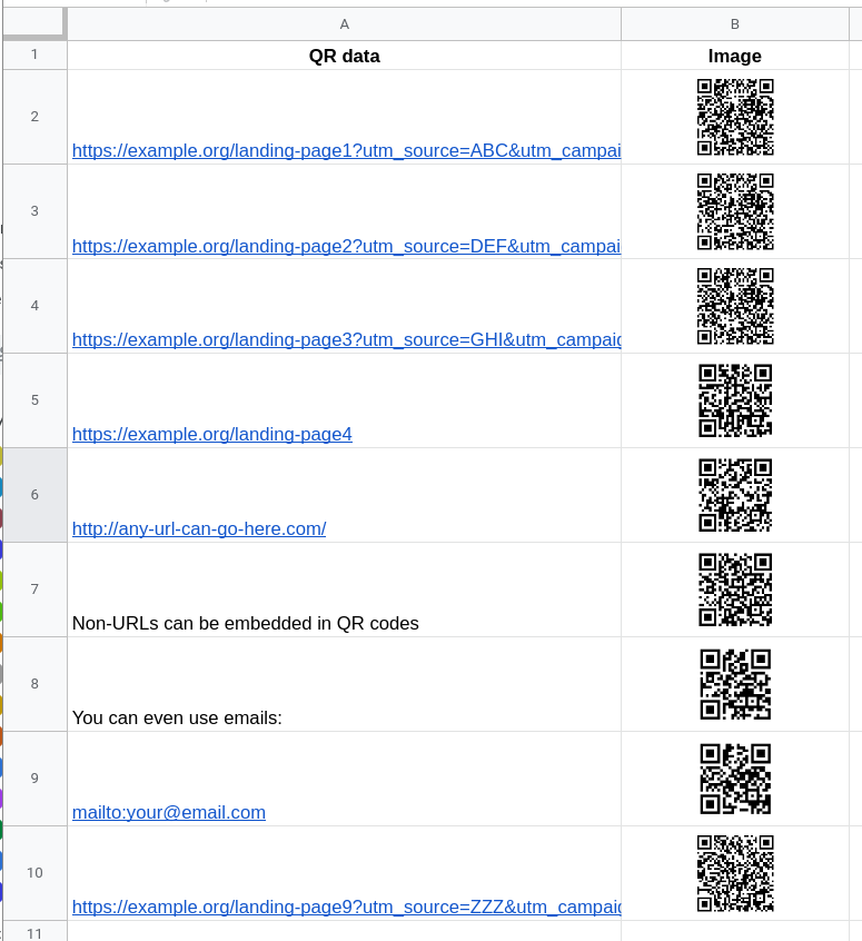 QR codes in spreadsheet
